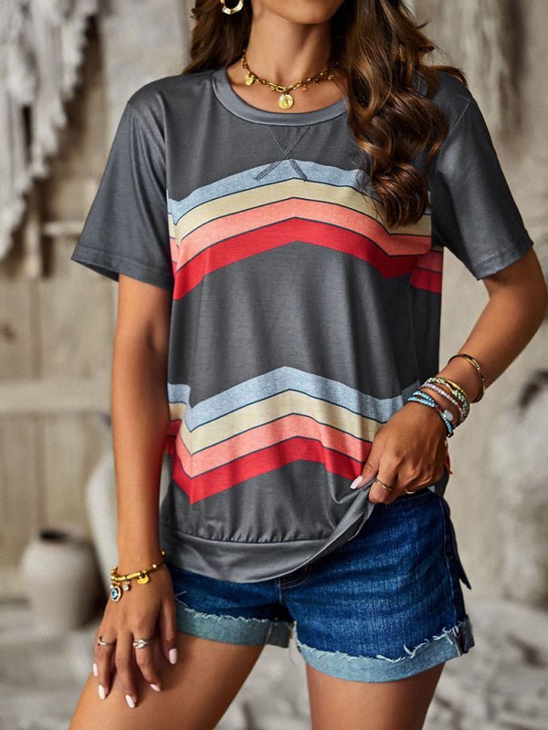 New round neck T-shirt rainbow strip top - Top
