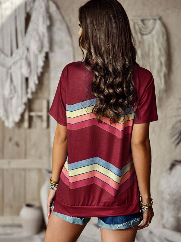 New round neck T-shirt rainbow strip top - Top