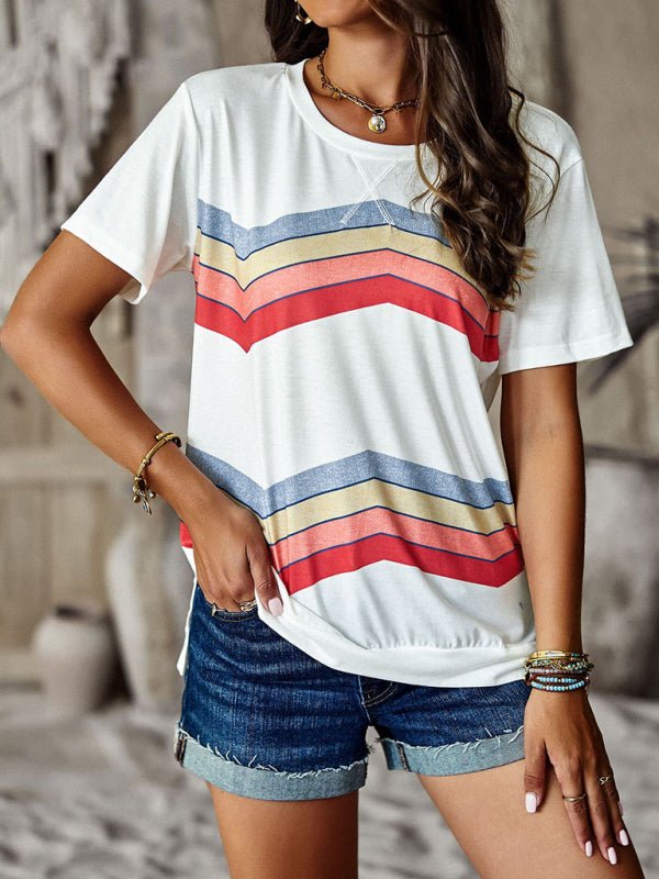 New round neck T-shirt rainbow strip top - Top