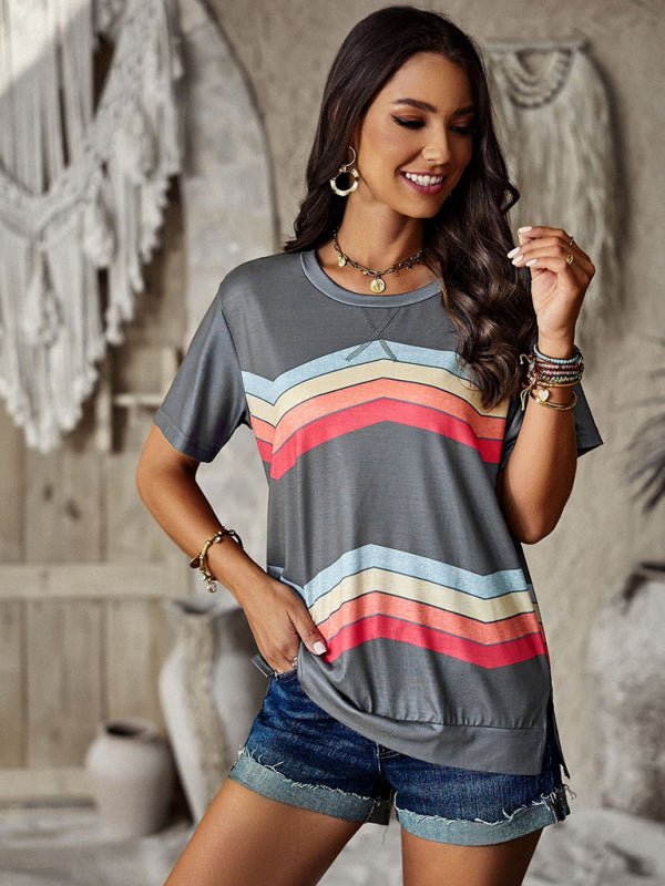 New round neck T-shirt rainbow strip top - Top