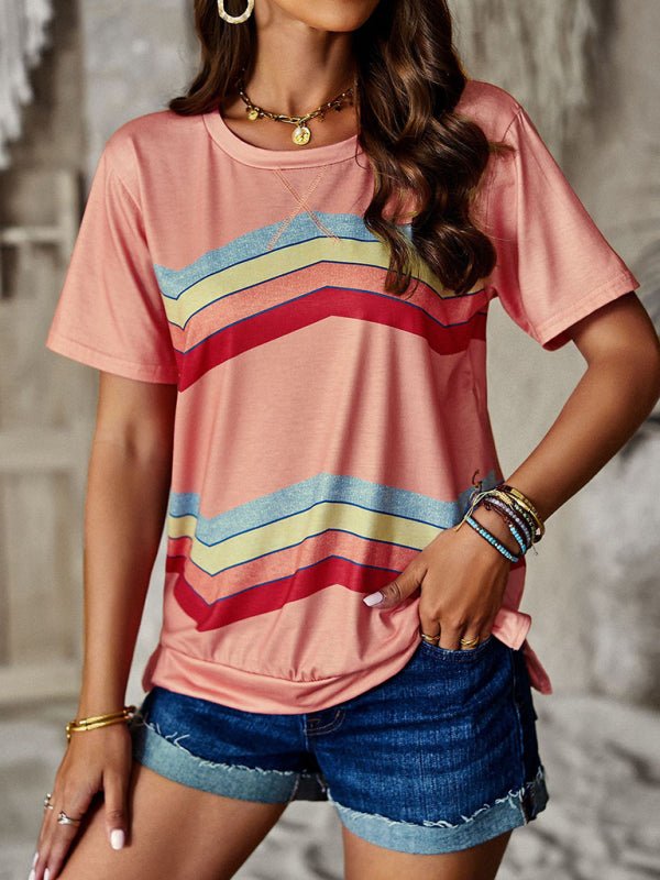 New round neck T-shirt rainbow strip top - Top