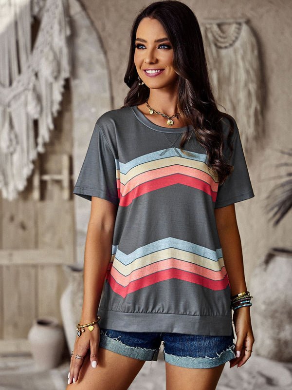 New round neck T-shirt rainbow strip top - Top