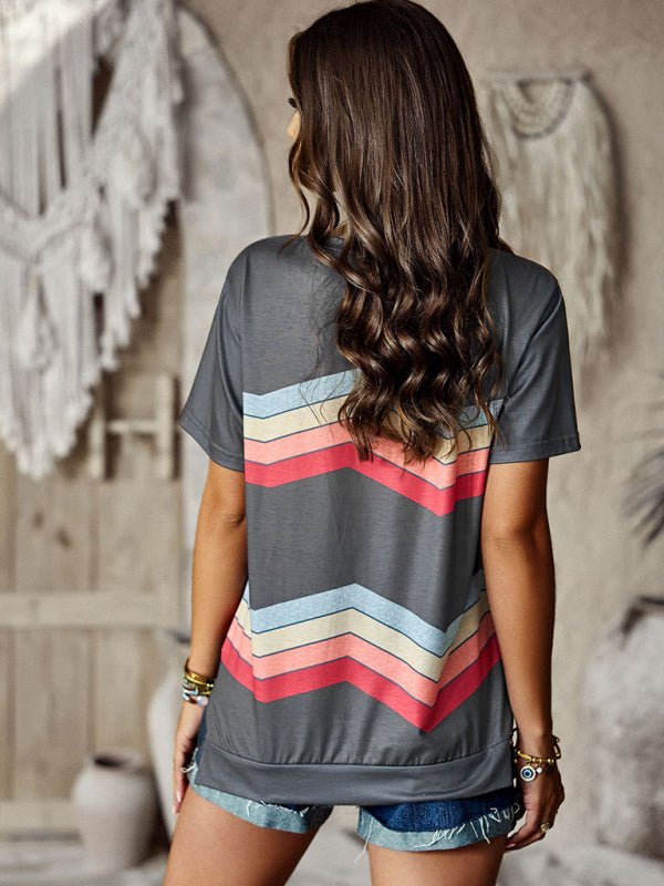 New round neck T-shirt rainbow strip top - Top