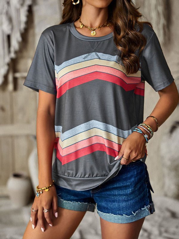 New round neck T-shirt rainbow strip top - Top