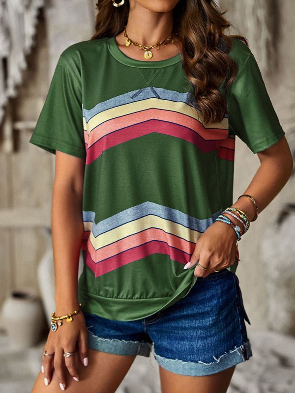 New round neck T-shirt rainbow strip top - Top