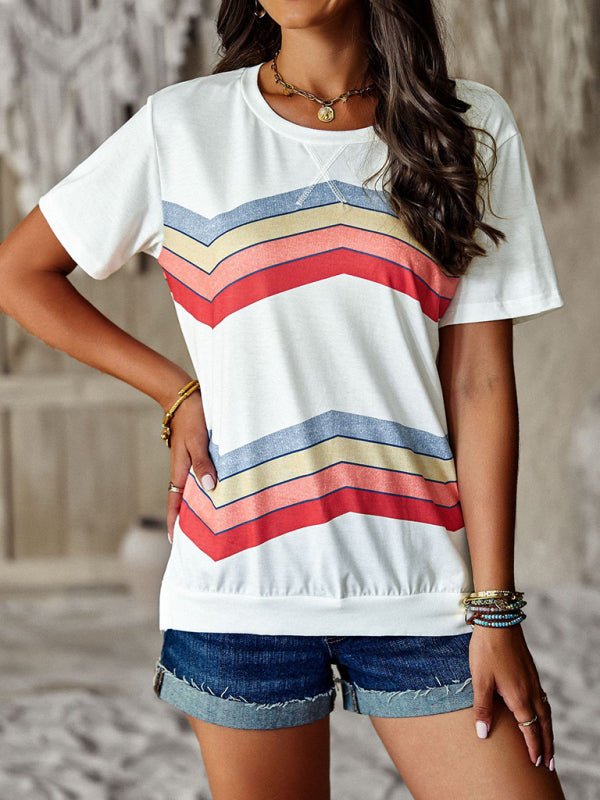 New round neck T-shirt rainbow strip top - Top