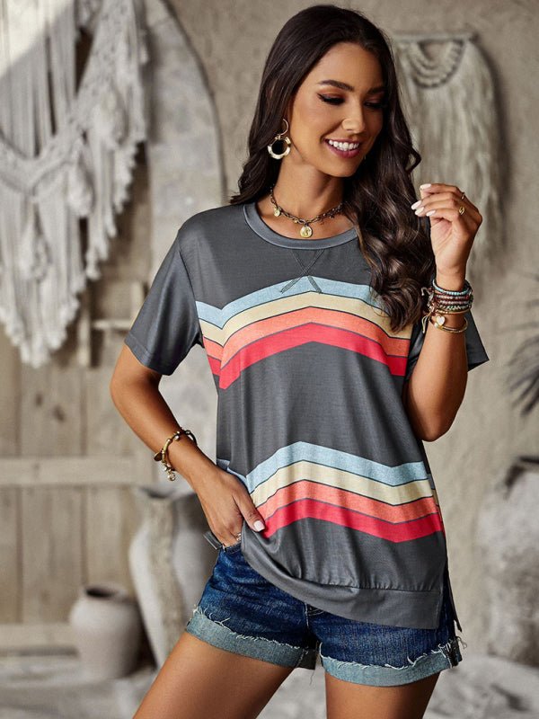 New round neck T-shirt rainbow strip top - Top