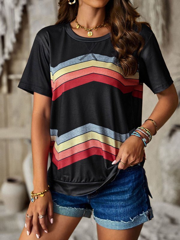 New round neck T-shirt rainbow strip top - Top