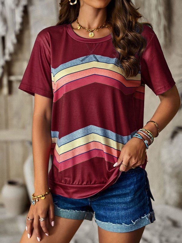 New round neck T-shirt rainbow strip top - Top