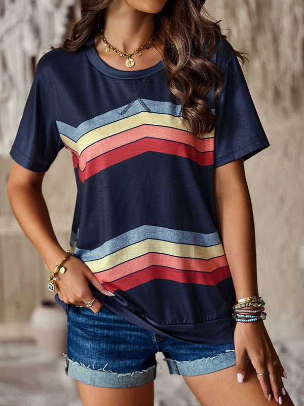 New round neck T-shirt rainbow strip top - Top