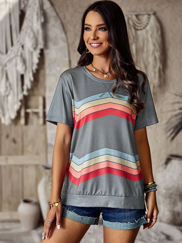 New round neck T-shirt rainbow strip top - Top