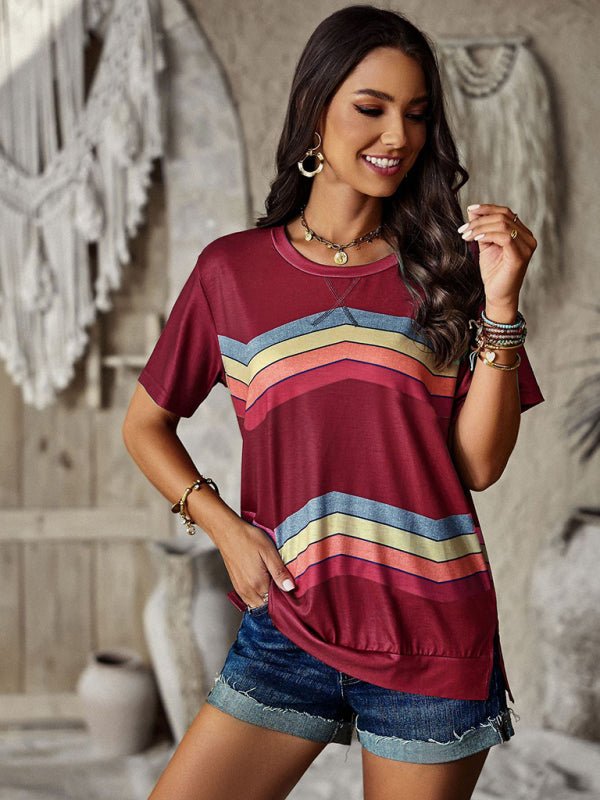 New round neck T-shirt rainbow strip top - Top