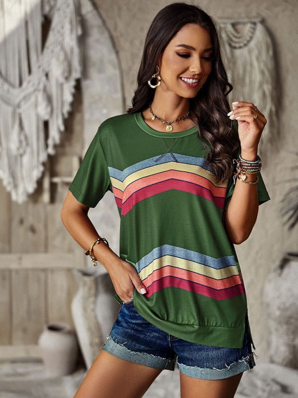 New round neck T-shirt rainbow strip top - Top
