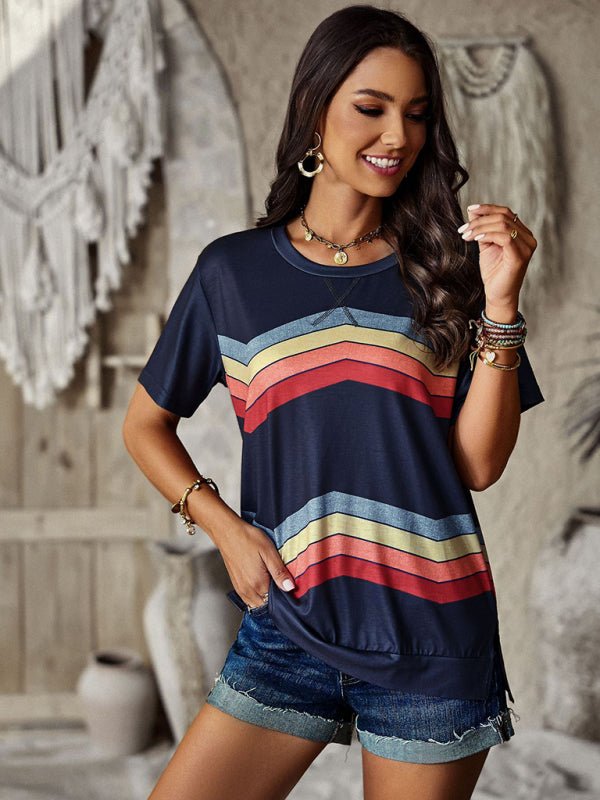 New round neck T-shirt rainbow strip top - Top