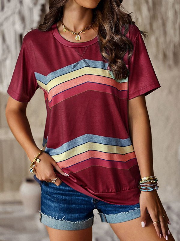 New round neck T-shirt rainbow strip top - Top