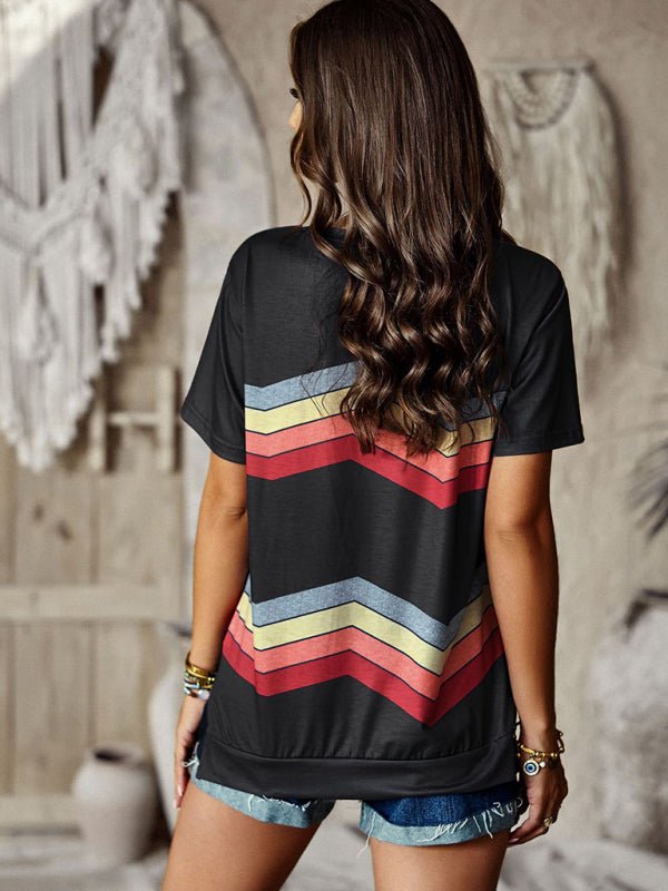 New round neck T-shirt rainbow strip top - Top