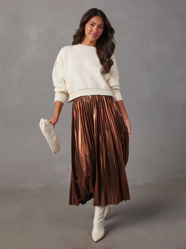 New shiny pleated high - waisted A - line mid - length skirt - Bottoms