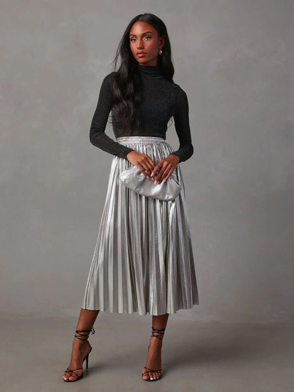 New shiny pleated high - waisted A - line mid - length skirt - Bottoms