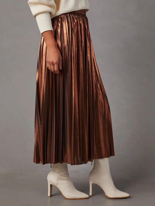 New shiny pleated high - waisted A - line mid - length skirt - Bottoms