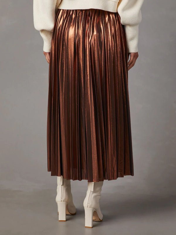 New shiny pleated high - waisted A - line mid - length skirt - Bottoms
