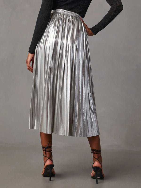 New shiny pleated high - waisted A - line mid - length skirt - Bottoms