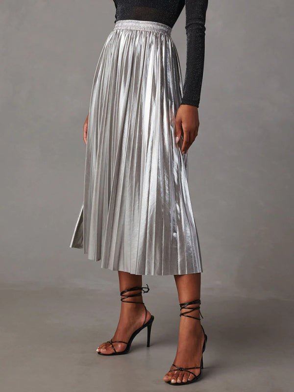 New shiny pleated high - waisted A - line mid - length skirt - Bottoms