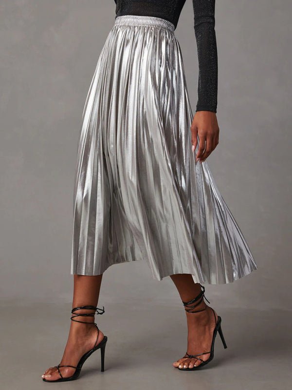 New shiny pleated high - waisted A - line mid - length skirt - Bottoms