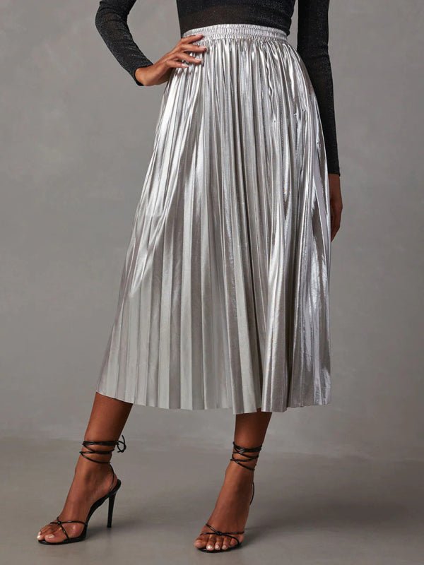New shiny pleated high - waisted A - line mid - length skirt - Bottoms