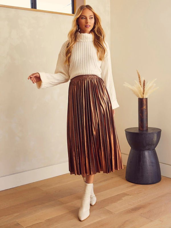 New shiny pleated high - waisted A - line mid - length skirt - Bottoms