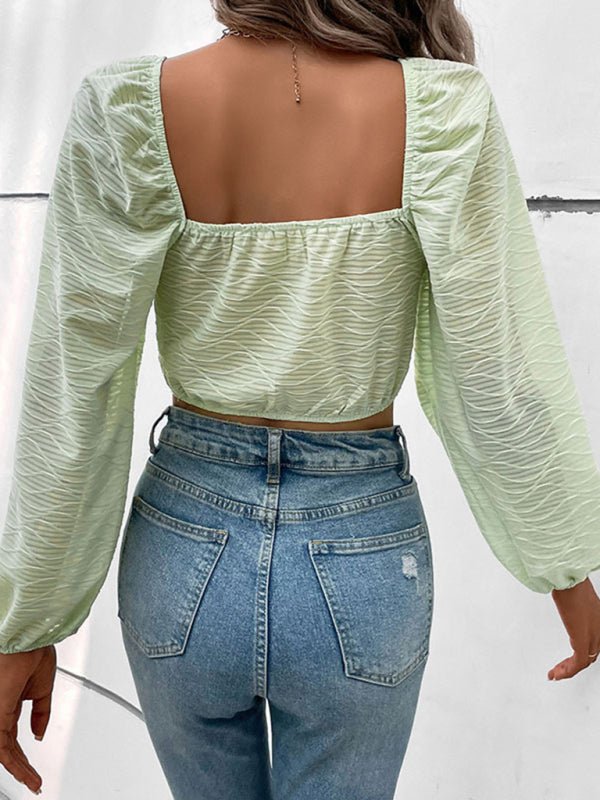 New short shirt French square collar puff sleeve shirt - Top