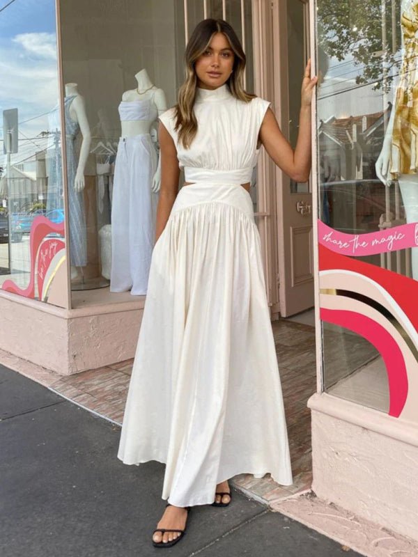 New solid color empty waist sexy exposed waist pleated large skirt dress - Formal Dress