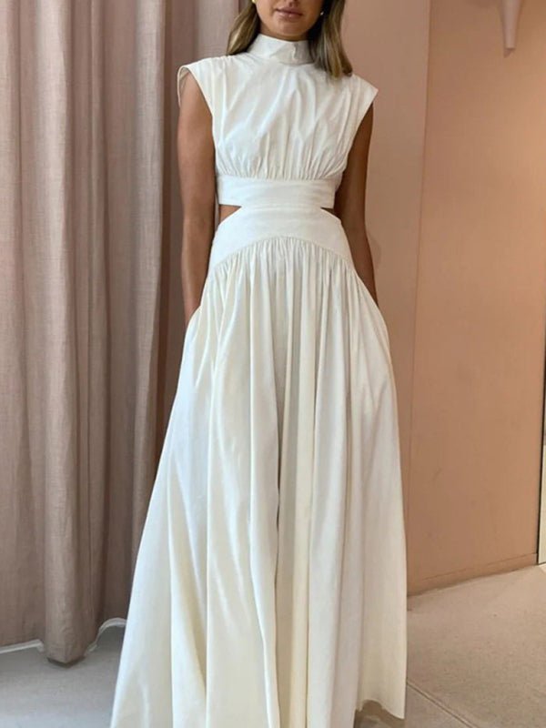 New solid color empty waist sexy exposed waist pleated large skirt dress - Formal Dress
