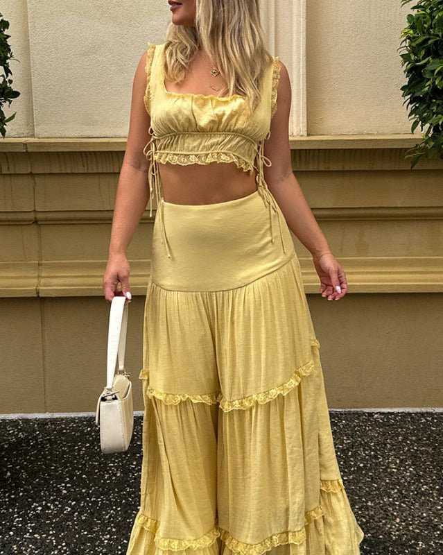 New solid color fashion suit lace up top long skirt suit - Skirt Suit