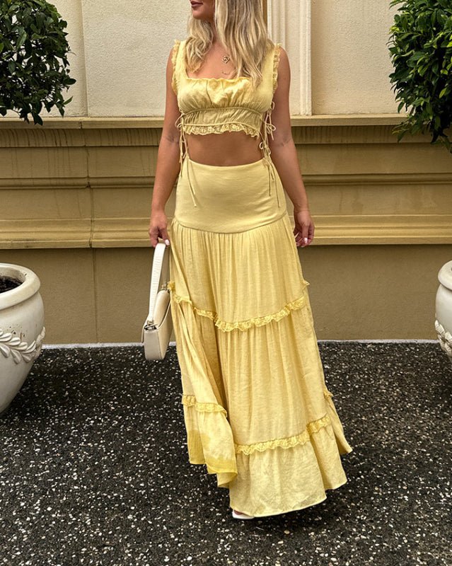 New solid color fashion suit lace up top long skirt suit - Skirt Suit