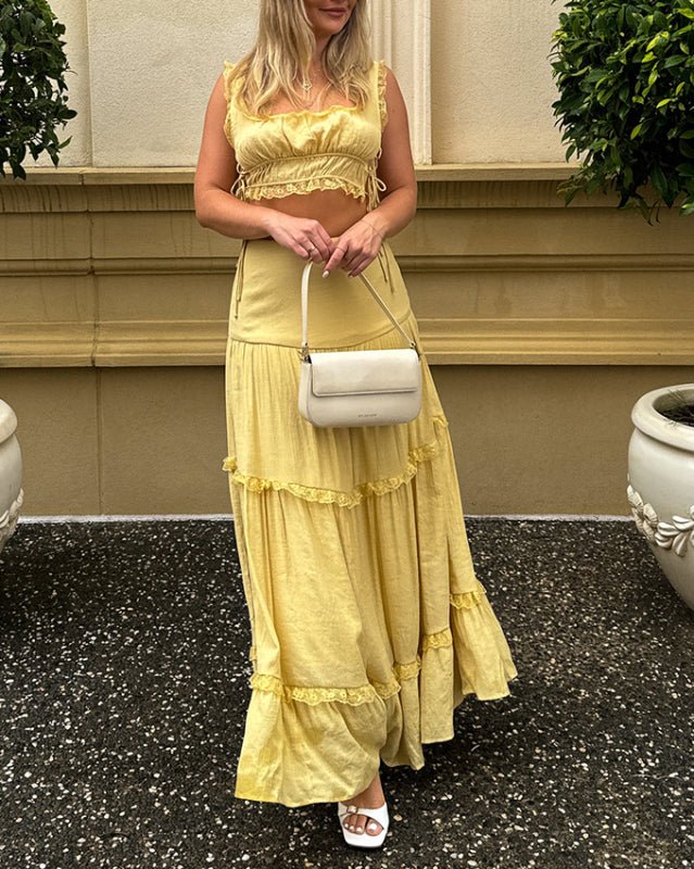 New solid color fashion suit lace up top long skirt suit - Skirt Suit