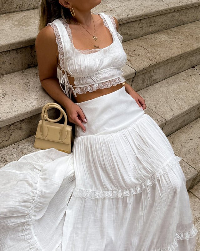 New solid color fashion suit lace up top long skirt suit - Skirt Suit