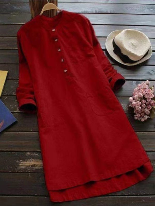 New Solid Color Henley Collar Button Open Long Sleeve Shirt Style Midi Dress - Casual Dress