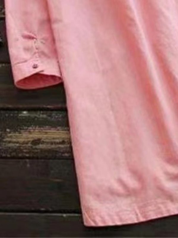 New Solid Color Henley Collar Button Open Long Sleeve Shirt Style Midi Dress - Casual Dress