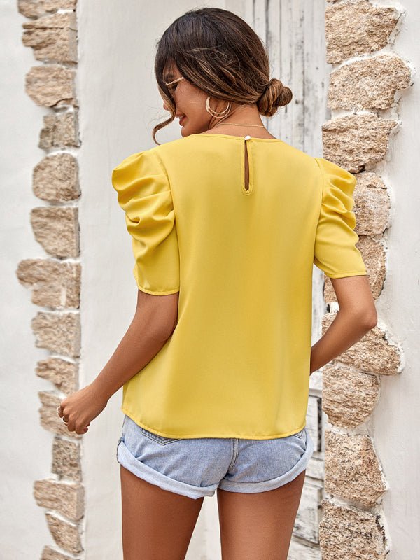 New solid color puff sleeve V - neck slim top - Top
