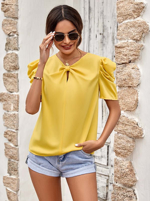 New solid color puff sleeve V - neck slim top - Top