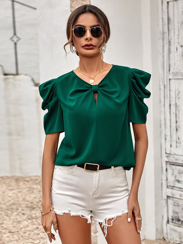 New solid color puff sleeve V - neck slim top - Top