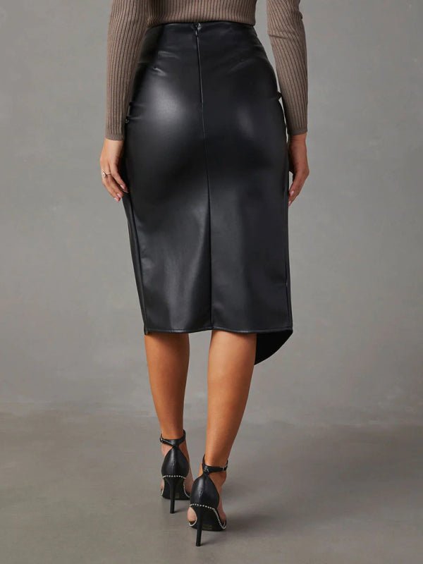 New solid color slit mid - length sexy hot girl butt - covering leather skirt - Bottoms