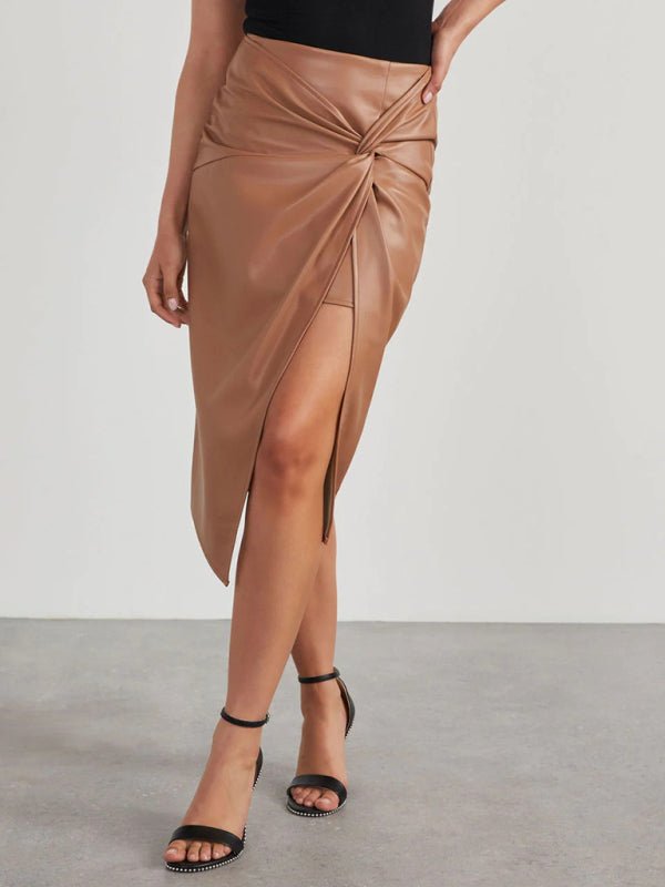 New solid color slit mid - length sexy hot girl butt - covering leather skirt - Bottoms