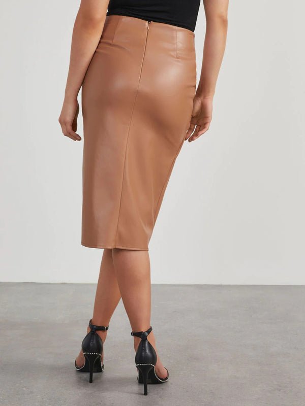 New solid color slit mid - length sexy hot girl butt - covering leather skirt - Bottoms