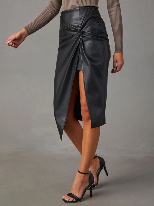 New solid color slit mid - length sexy hot girl butt - covering leather skirt - Bottoms