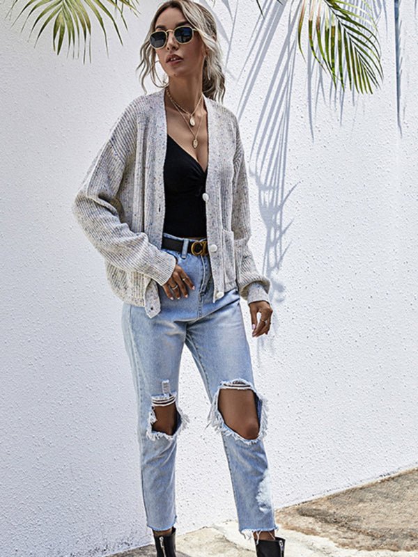 New style lazy style knitted forest style solid color dot long - sleeved sweater jacket - Outerwear