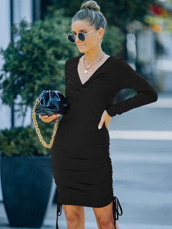 New style long sleeve v - neck sexy slim dress skirt for autumn wear - Day Dress