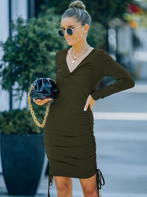 New style long sleeve v - neck sexy slim dress skirt for autumn wear - Day Dress