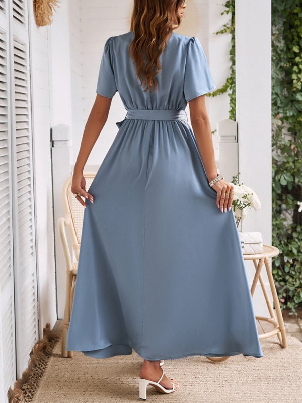 New style solid color lace - up slit dress - Formal Dress