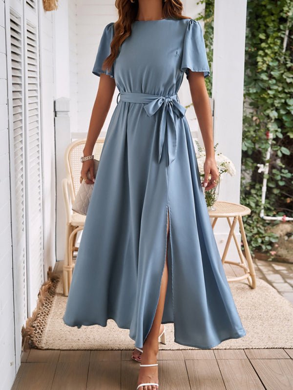 New style solid color lace - up slit dress - Formal Dress